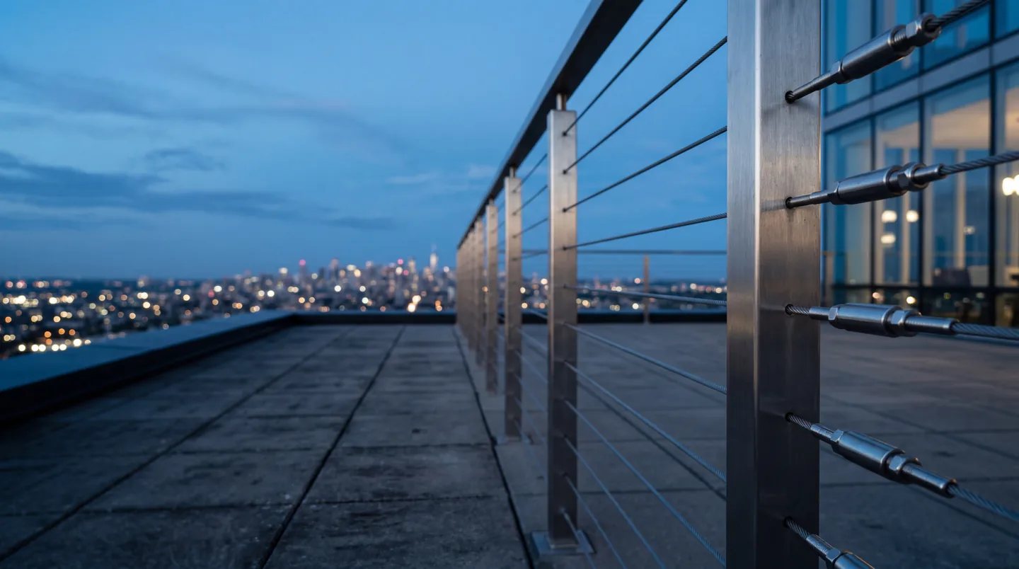 Cable railing on a deck over the Nashville skyline at dusk