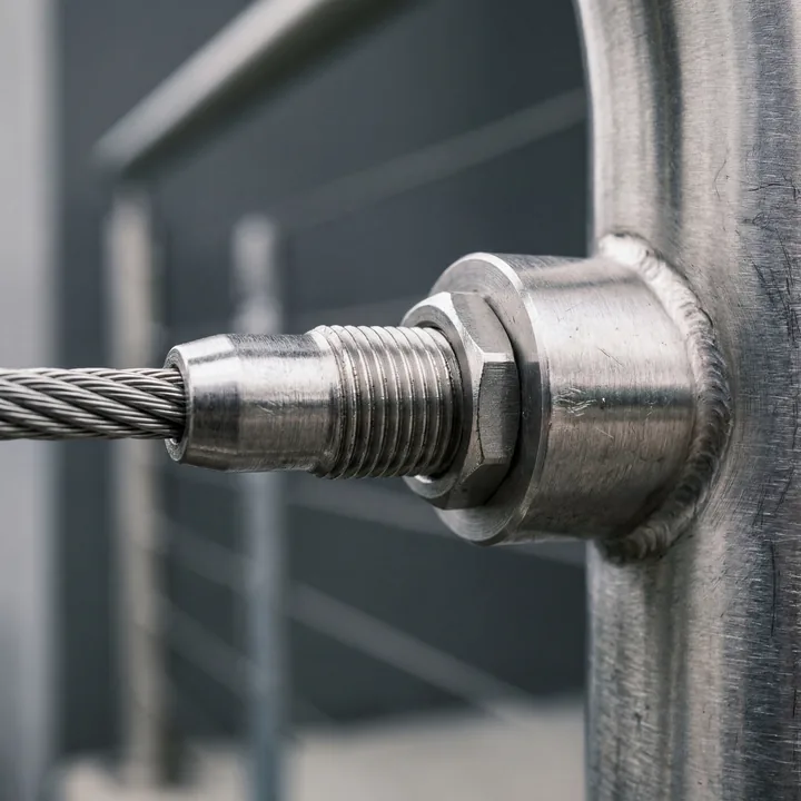 Close-up of a cable railing fitting on a steel post