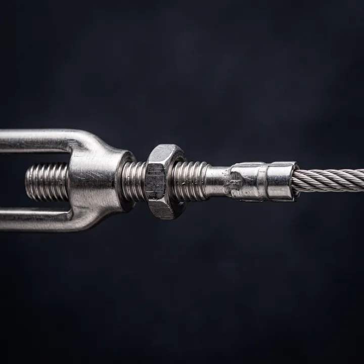 Close-up of a steel cable fitting, pulled tight